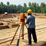 **

A construction site in Bangladesh. Focus on the initial stages. Show workers measuring land with surveying equipment (theodolite). Include a soil testing drill rig in the background. The overall impression is careful planning and preparation.

**