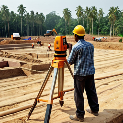 Home 4 **
A construction site in Bangladesh. Focus on the initial stages. Show workers measuring land with surveying equipment (theodolite). Include a soil testing drill rig in the background. The overall impression is careful planning and preparation.
**